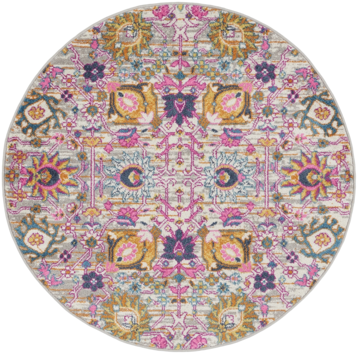 4 ft. Gray Floral Power Loom Round Area Rug - Gray - 4 ft.