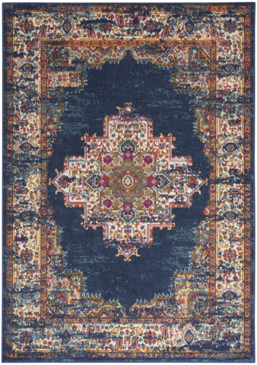 5 x 7 ft. Navy Blue Floral Power Loom Distressed Rectangle Area Rug - Navy Blue - 5 x 7 ft.