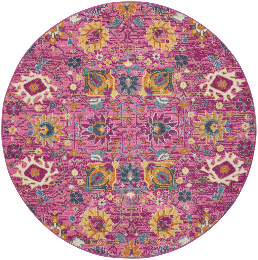 8 ft. Pink Floral Power Loomed Round Area Rug