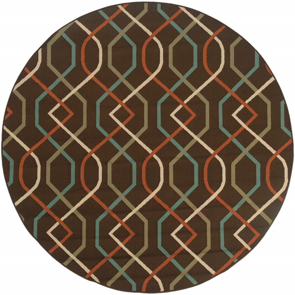8 ft. Brown Geometric Stain Resistant Indoor & Outdoor Round Area Rug - Brown and Ivory - 8 ft.