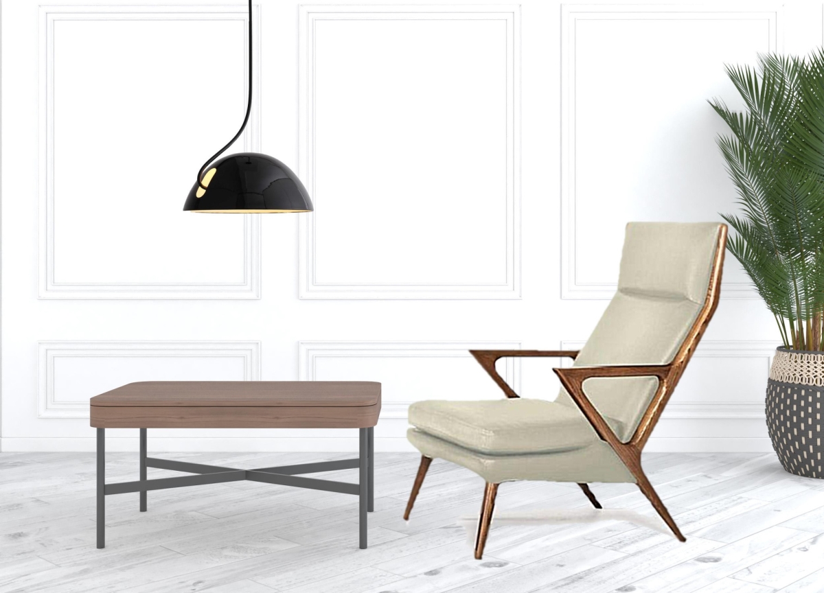 40 x 26 x 24 in. Beige Faux Leather & Walnut Lounge Chair with Ottoman