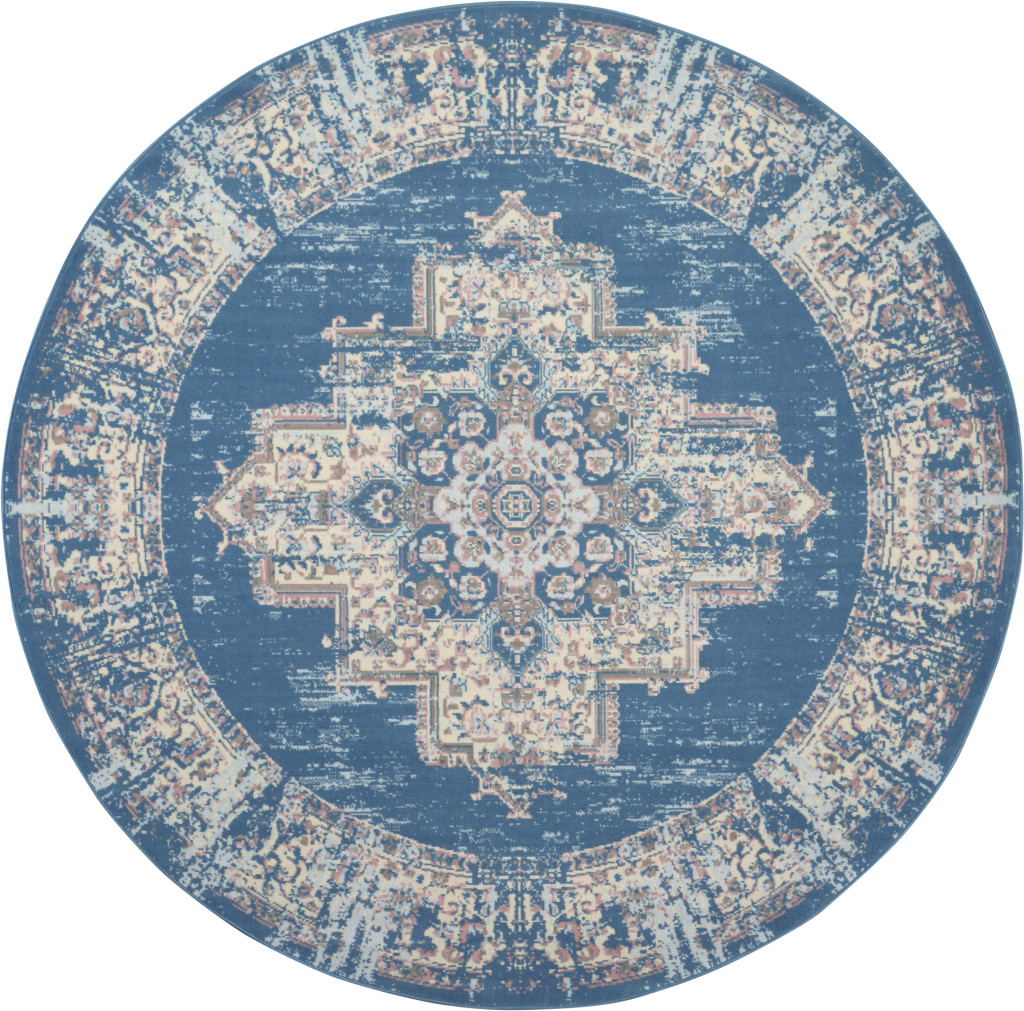 8 ft. Blue Damask Power Loom Round Area Rug