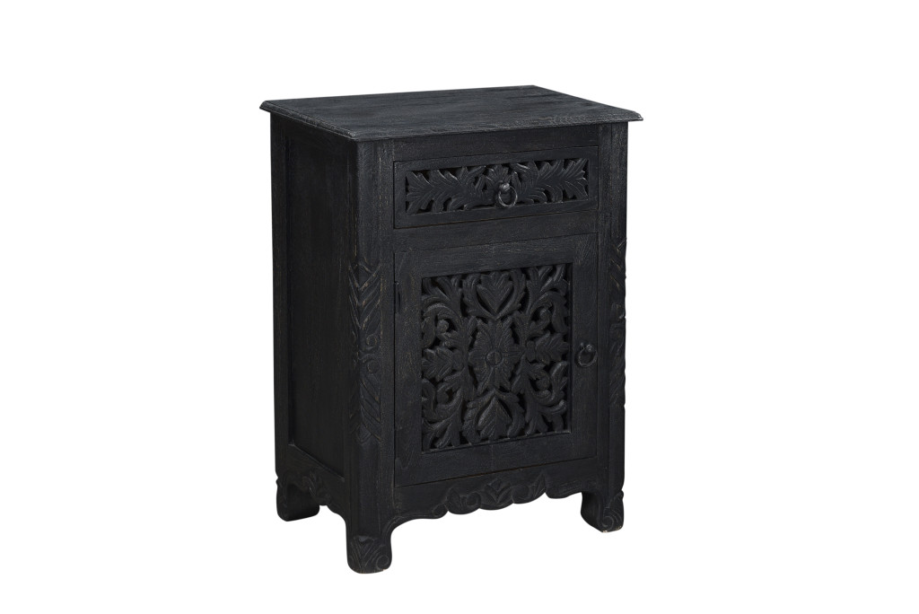 30 in. Distressed Black One Drawer Floral Carved Solid Wood Nightstand