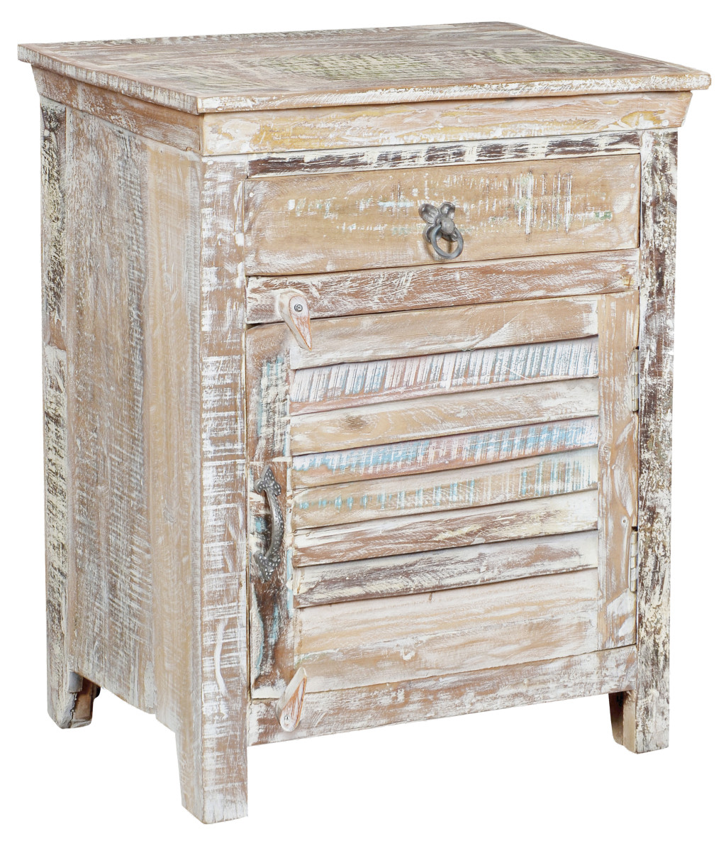 521206 30 in. Distressed White One Drawer Shutter Solid Wood Nightstand