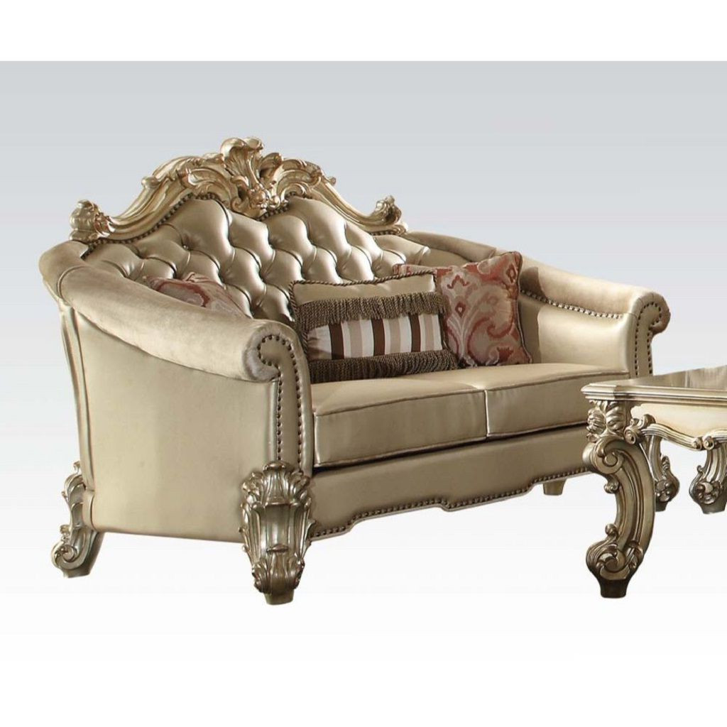 67 in. Bone & Gold Faux Leather Love Seat & Toss Pillows