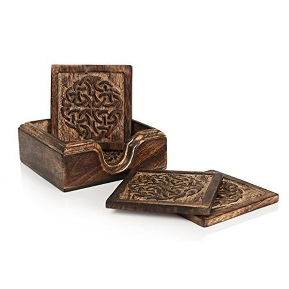 Picture of Odash IE-HS3332 Handmade Wooden Coasters Absorbent Cool Drink Coasters with Celtic Circle Holder Unique Bar Decor Accessories - 4 Piece