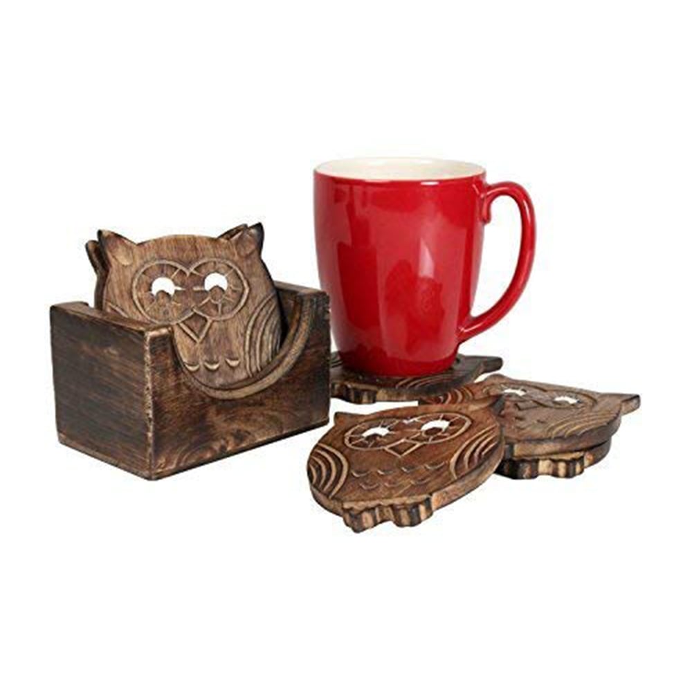 Picture of Odash IE-HS3343 Wooden Owl Shaped Drink Coasters with Holder Kitchen Barware&#44; Brown - 4 Piece