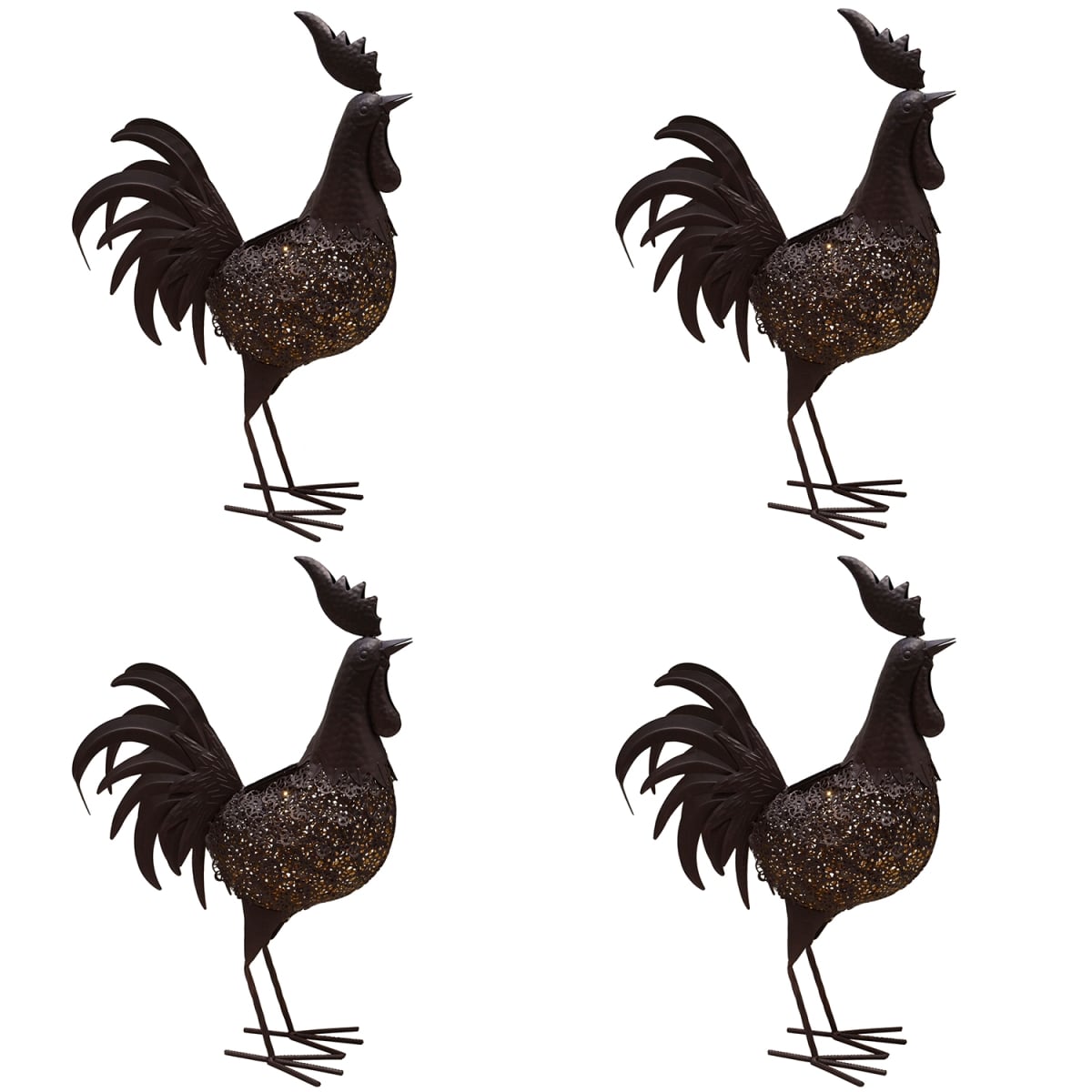 24 in. Steel Indoor & Outdoor Animal Garden Rooster Metal Bird Sculpture Statue with Solar Light & Ground Stake, Hammer Tone Bronze - Pack of 4