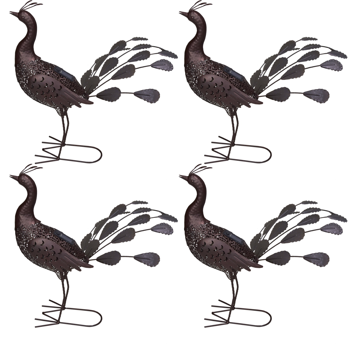22 in. Steel Indoor & Outdoor Animal Garden Peacock Metal Sculpture Statue with Solar Light & Ground Stake, Hammer Tone Bronze - Pack of 4
