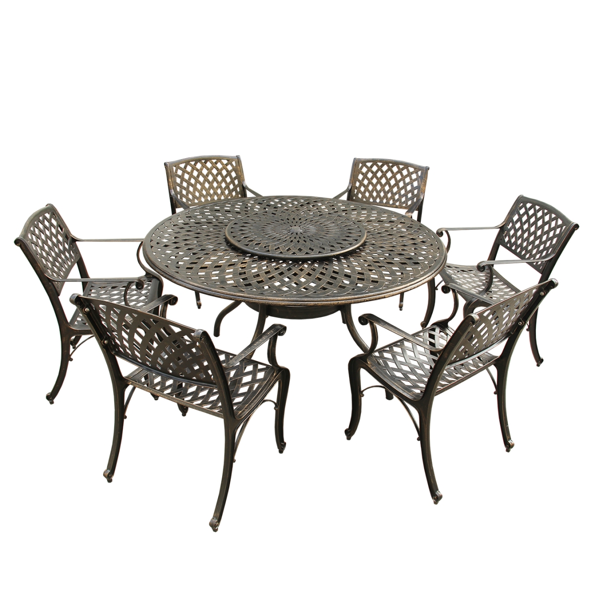 Picture of Oakland Living 1022-1016-6-BZ 59 in. Contemporary Modern Outdoor Mesh Lattice Aluminium Round Dining Set with Lazy Susan & Six Chairs&#44; Bronze
