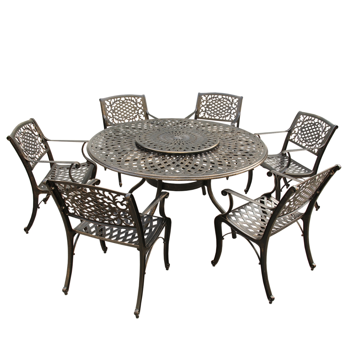 Picture of Oakland Living 1022-2777-6-BZ 59 in. Contemporary Modern & Ornate Traditional Outdoor Mesh Lattice Aluminium Round Dining Set with Lazy Susan & Six Chairs&#44; Bronze
