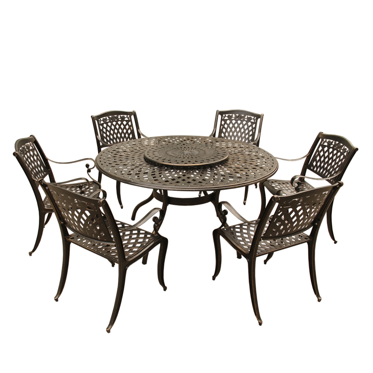 Picture of Oakland Living 1022-1855-6-BZ 59 in. Rose Contemporary Modern & Ornate Traditional Outdoor Mesh Lattice Aluminium Round Dining Set with Lazy Susan & Six Chairs&#44; Bronze