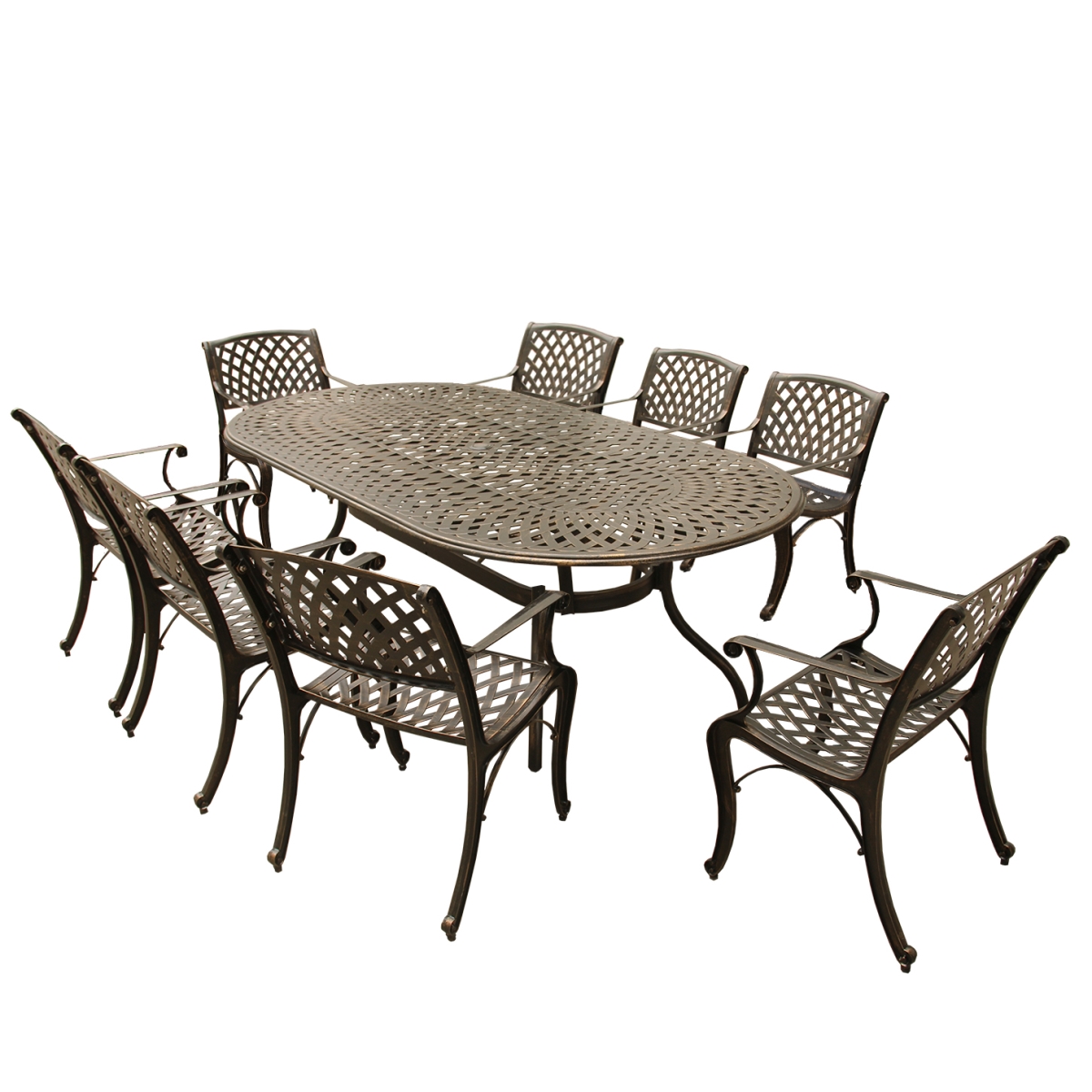 Picture of Oakland Living 1025-1016-8-BZ 95 in. Contemporary Modern Outdoor Mesh Lattice Aluminium Oval Dining Set with Eight Arm Chairs, Bronze