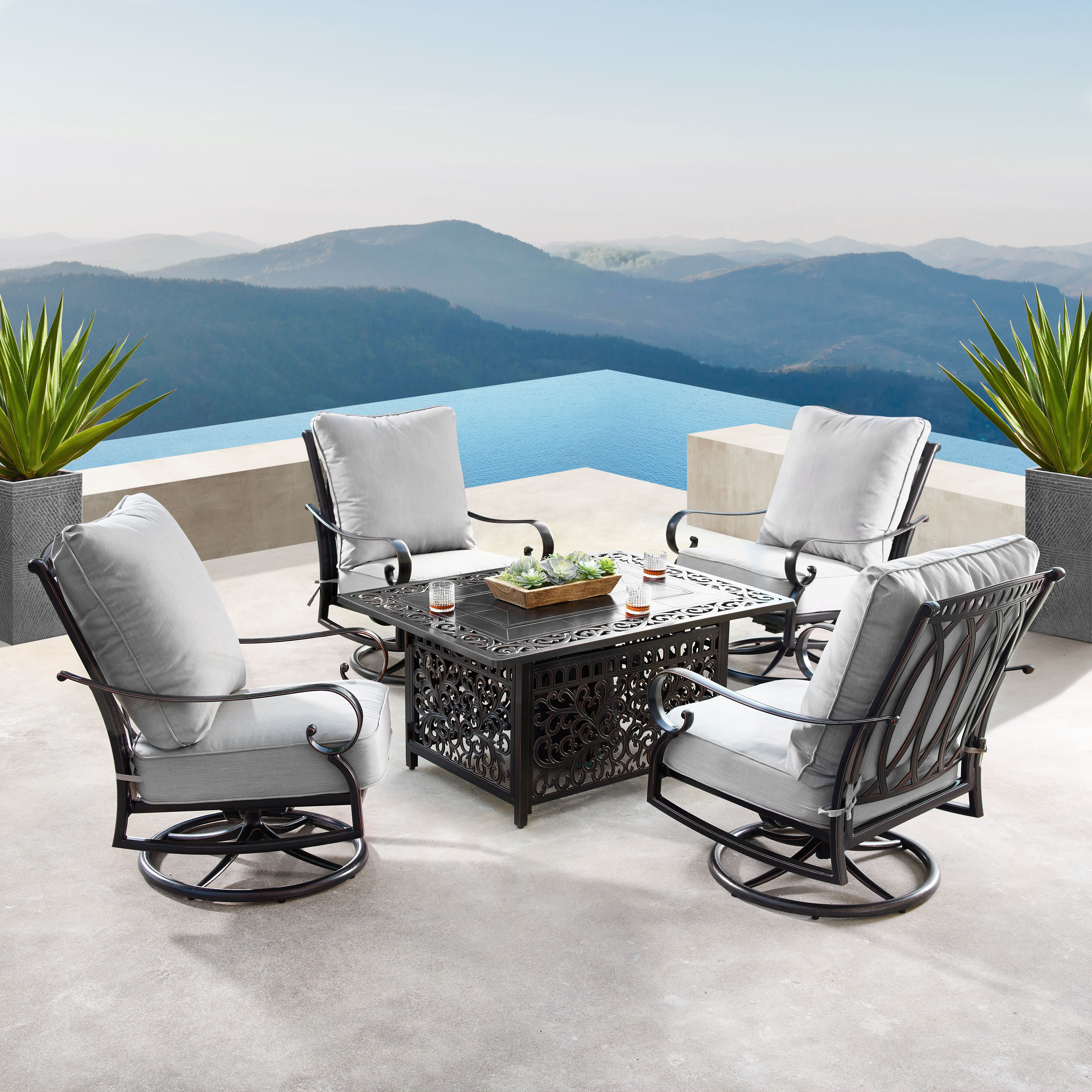Oakland Living  48 in. Outdoor Aluminum Rectangular Fire Table Set with Four Deep Seating Swivel Rocking Chair - 5 Piece