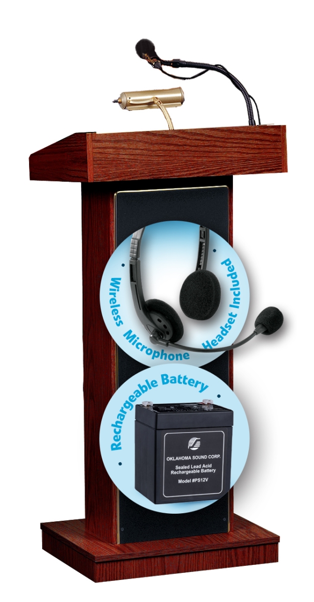 Picture of Oklahoma Sound M800X-MY-LWM-7 40W The Orator Lectern & Rechargeable Battery with Wireless Headset Mic&#44; Mahogany