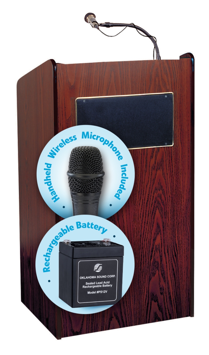Picture of Oklahoma Sound M6010-MY-LWM-5 50W The Aristocrat Sound Lectern & Rechargeable Battery with Handheld Wireless Mic&#44; Mahogany