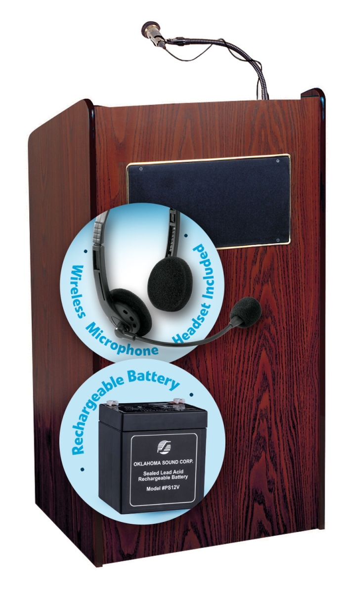 Picture of Oklahoma Sound M6010-MY-LWM-7 50W The Aristocrat Sound Lectern & Rechargeable Battery with Headset Wireless Mic&#44; Mahogany