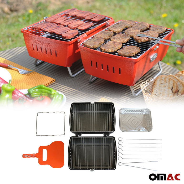 96PRTK001R Portable Charcoal Barbecue Grill with Tools, Red - 13 Piece -  OMAC