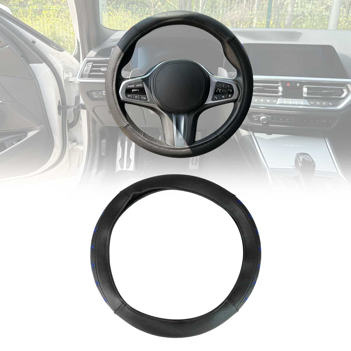 OMAC9638DKF291 38-40 cm Steering Wheel Cover, Blue Stitched