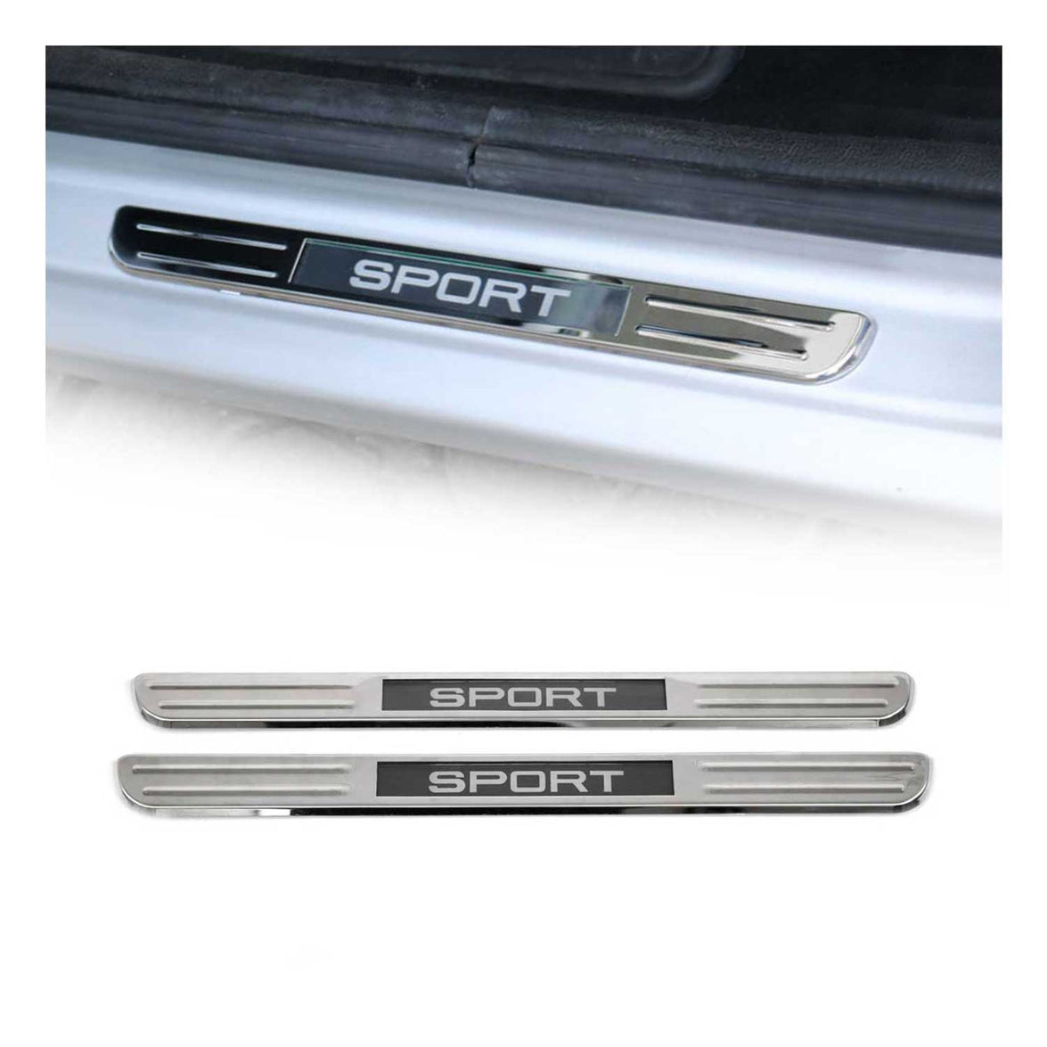 9696090S 14.9 in. LED Sport Stainless Steel Gloss Universal Door Sill Cover, Silver - 2 Piece