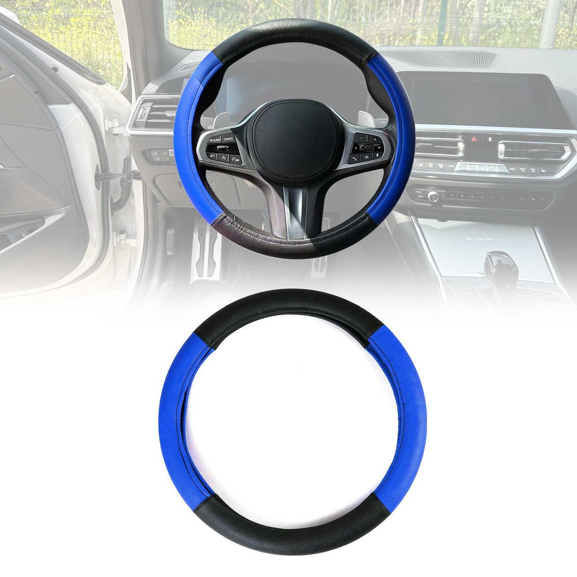 OMAC9638DKF110 38-40 cm Steering Wheel Cover, Blue & Black