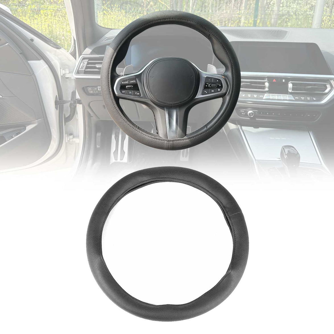 OMAC9638DKF18 38-40 cm Steering Wheel Cover, Black Dotted