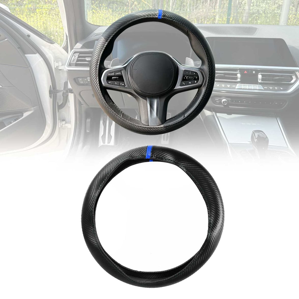 OMAC9638DKF370 38-40 cm Steering Wheel Cover, Blue Stripe