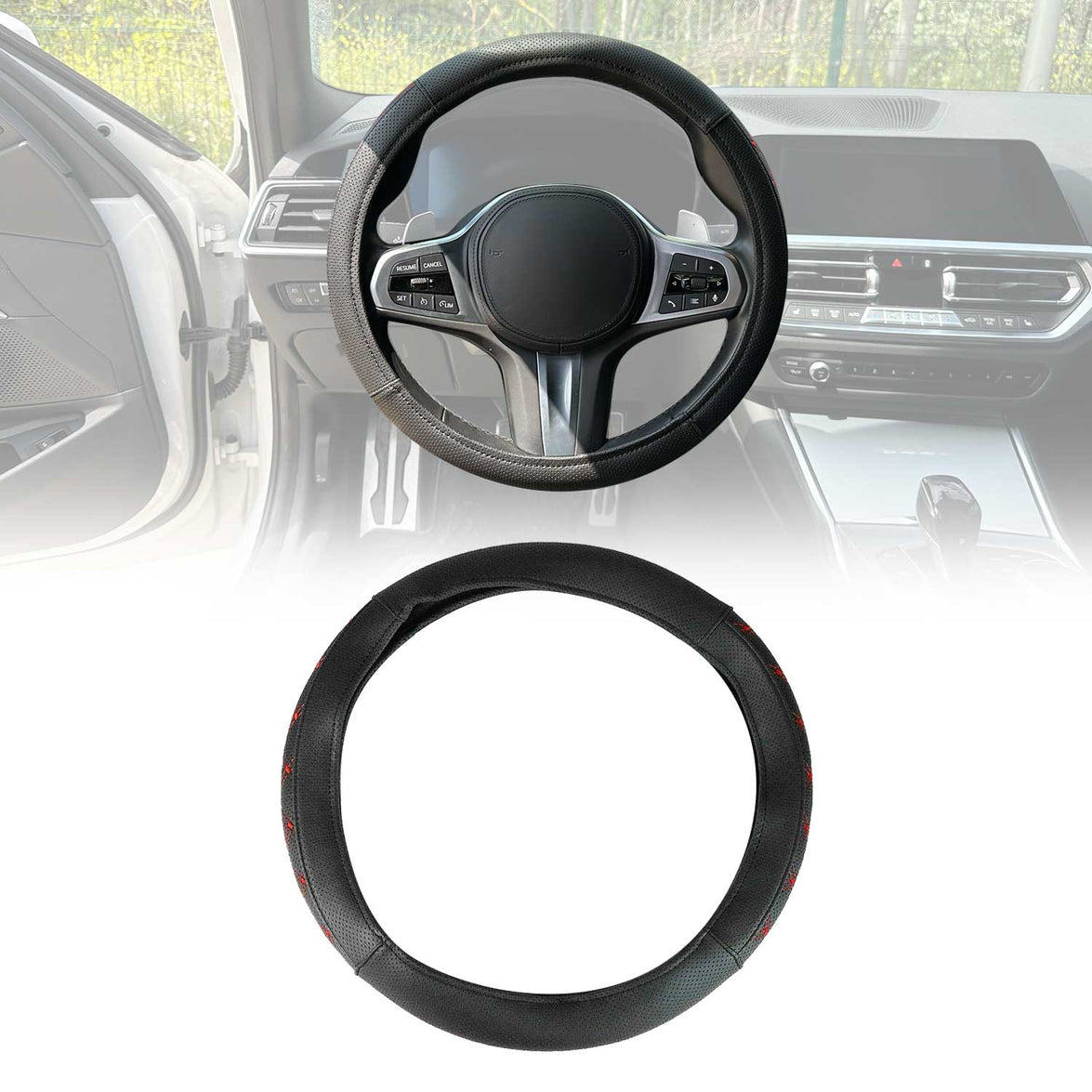OMAC9638DKF290 38-40 cm Steering Wheel Cover, Red Stitches