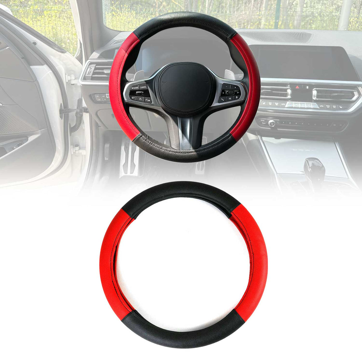 OMAC9638DKF101 38-40 cm Steering Wheel Cover, Red & Black