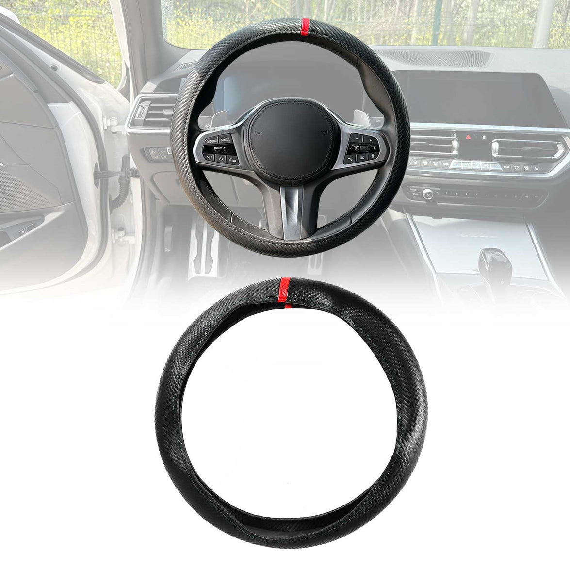 OMAC9638DKF369 38-40 cm Steering Wheel Cover, Red Stripe