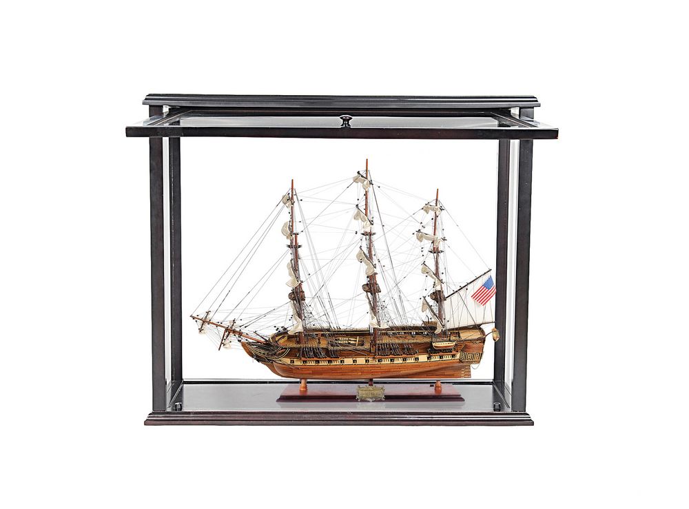 Picture of Old Modern Handicrafts T097B USS Constitution Midsize with Display Case Front Open - Natural Wood