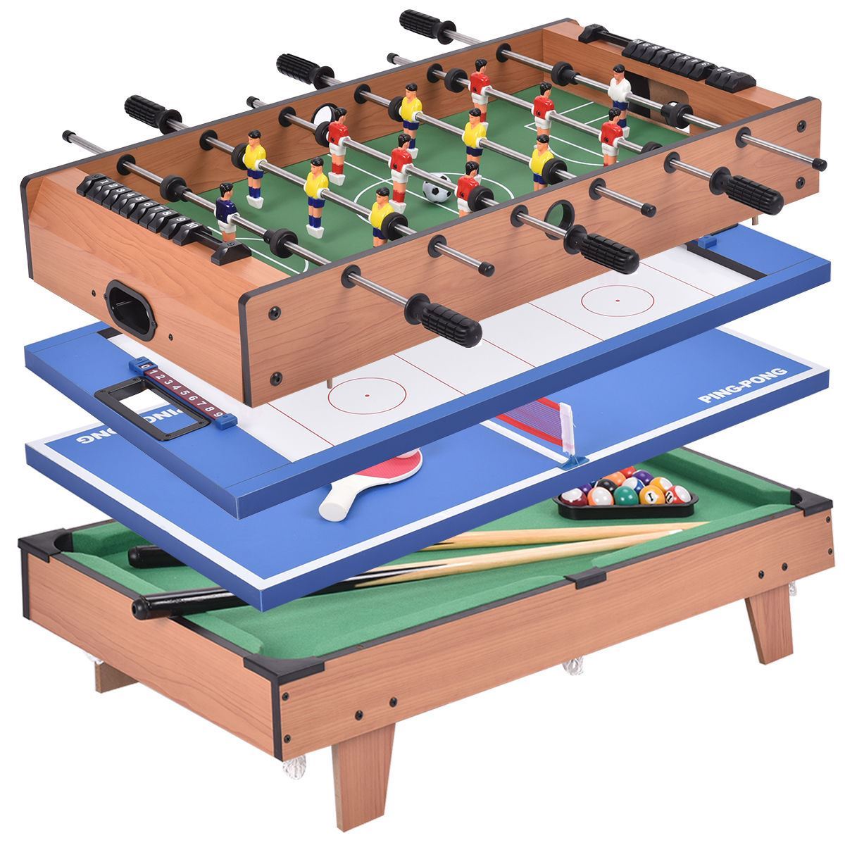 Picture of Online Gym Shop CB17064 4-in-1 Multi Game Air Hockey Tennis Football Pool Table Billiard Foosball