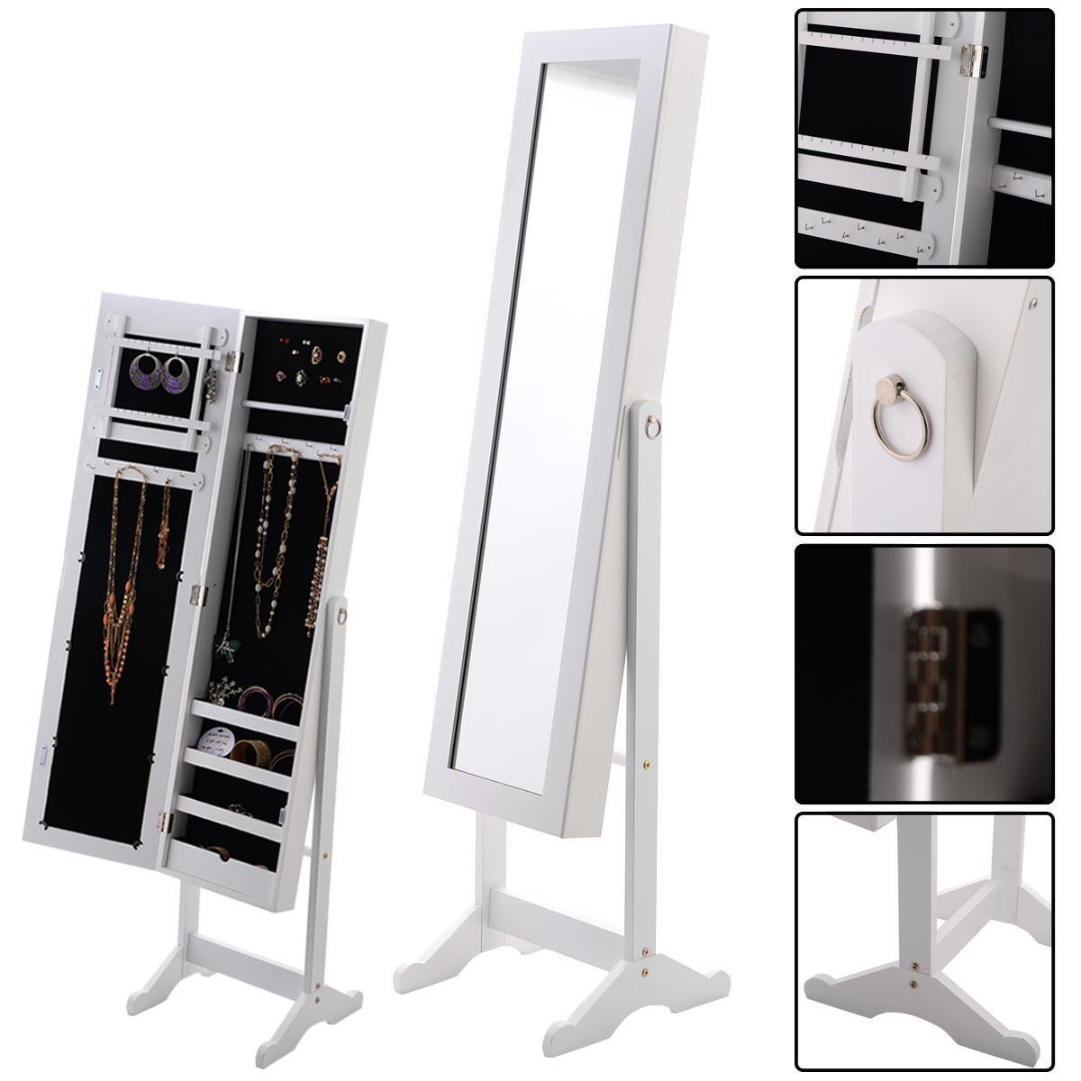Picture of  CB17006 Armoire Mirrored Jewelry Cabinet Organizer Storage Box with Stand White