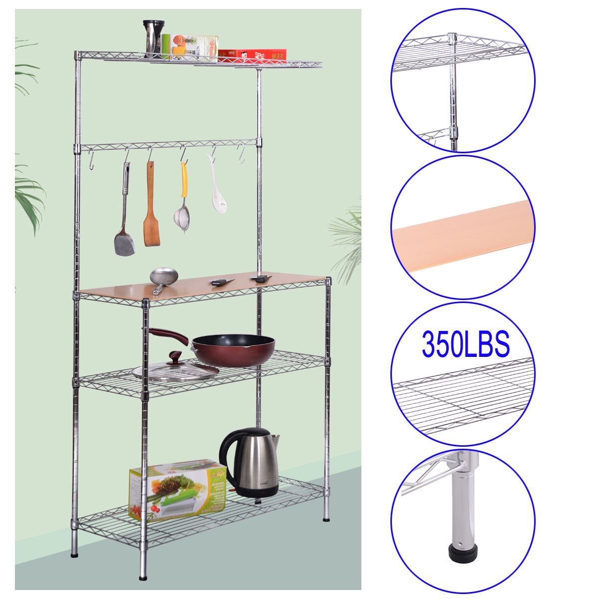 Picture of  CB17244 3 Tier Bakers Chrome Kitchen Work Station Rack with Cutting Board & Storage