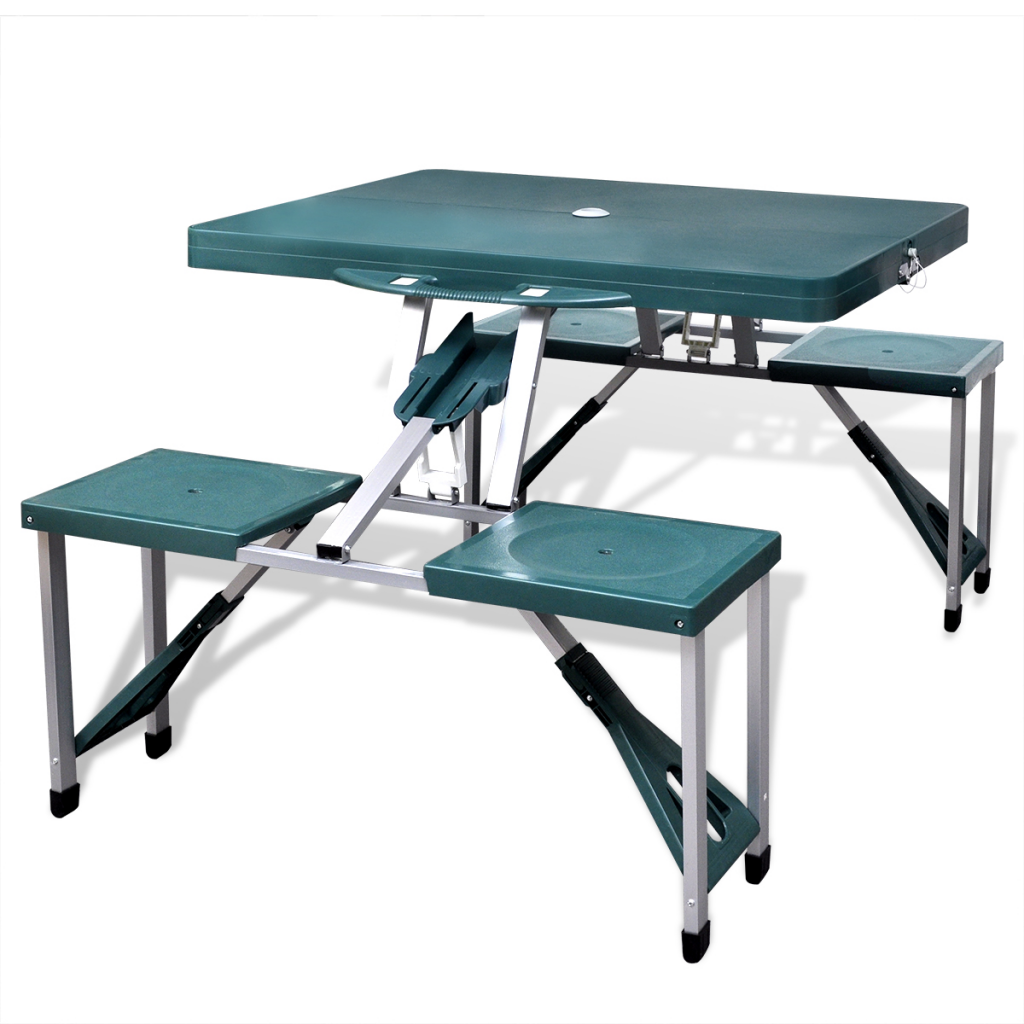Outdoor Foldable Camping Table Set with 4 Stools Aluminum Extra Light - Green