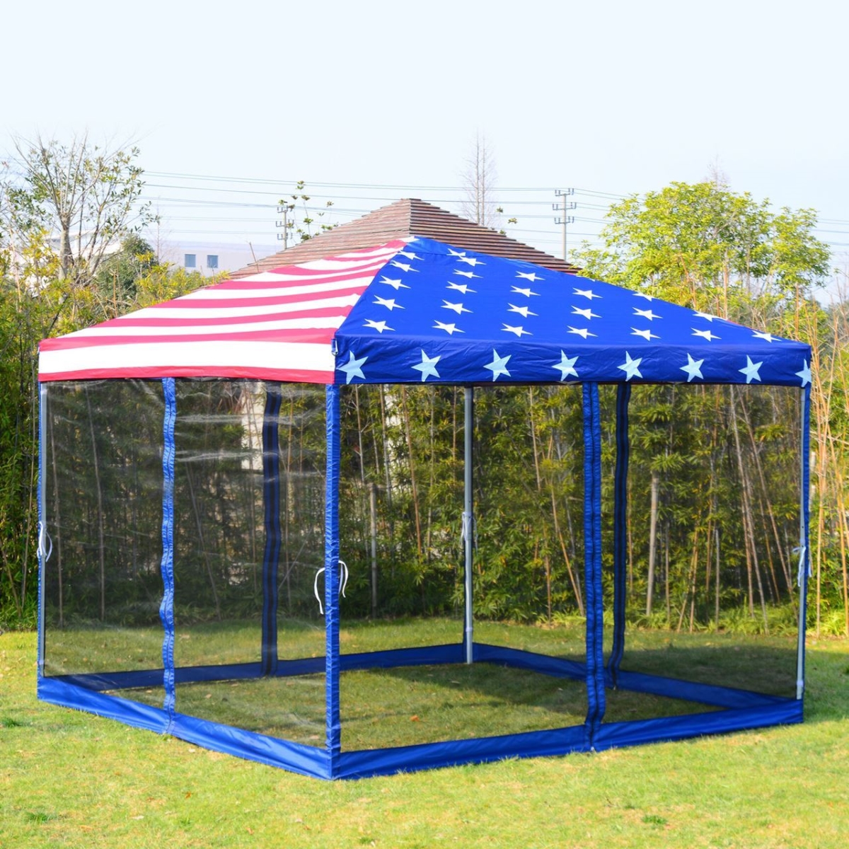 Outdoor Pop-Up Canopy Tent with Mesh Walls - American Flag - 10 x 10 ft.