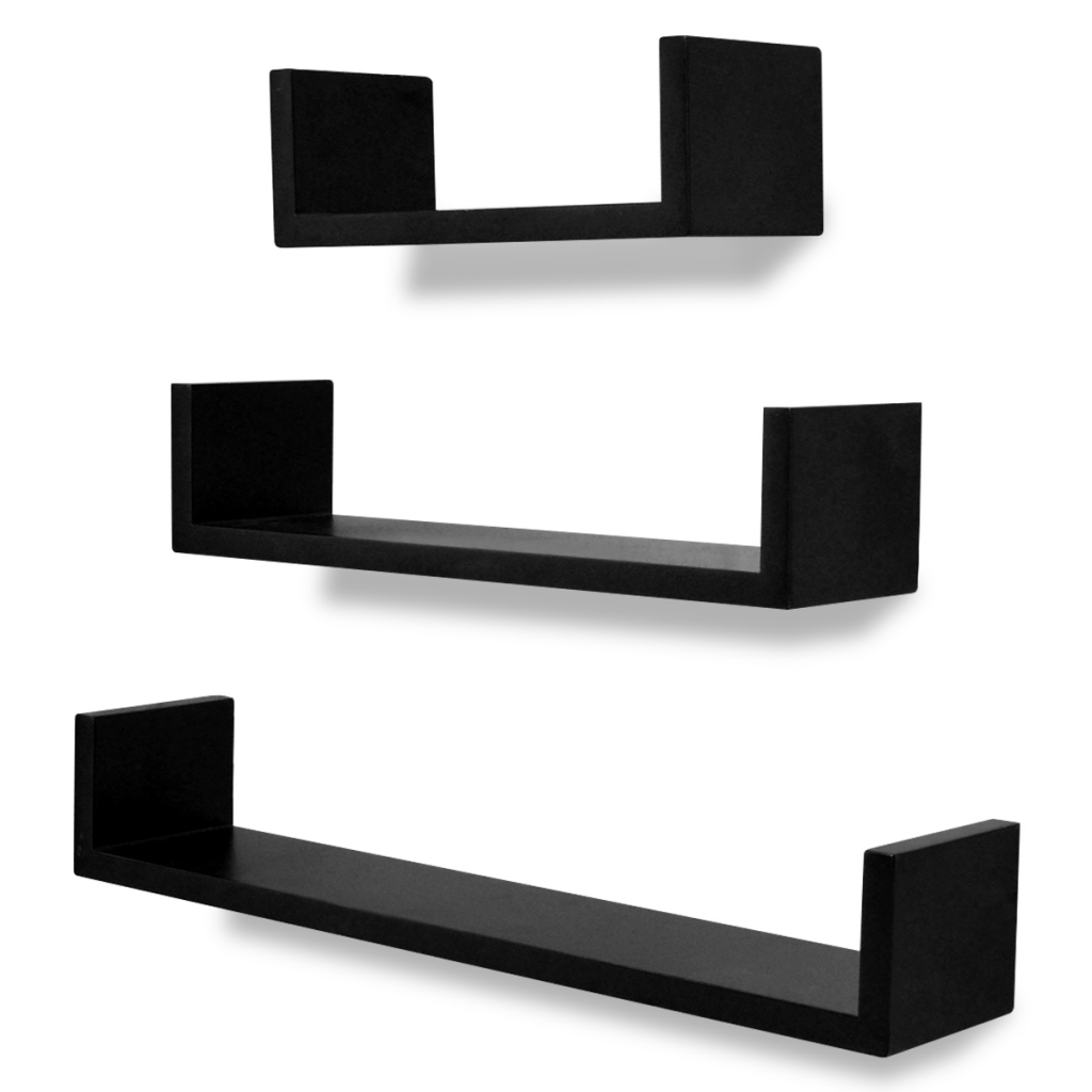 Picture of  CB19457 3 Black MDF U-Shaped Floating Wall Display Shelves Book & DVD Storage