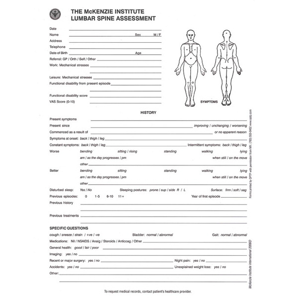 Picture of OPTP 712-2 Lumbar Spine Assessment Forms - 50 Per Pad
