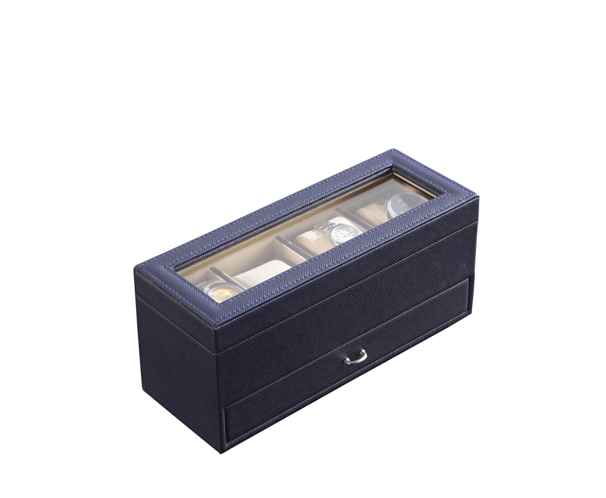 Picture of ORE Furniture YMW-1711 4.5 in. Leather Beige Lining Tempered Glass Jewelry Watch with A Drawer Display Case, Blue