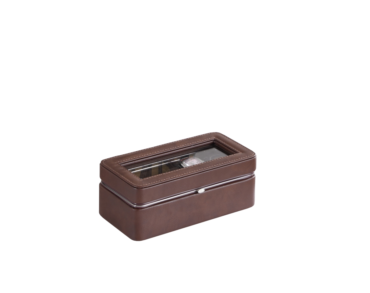 Picture of ORE Furniture YMW-1703 3.5 in. Leather Brown Lining Tempered Glass 4-Watch Display Case, Brown
