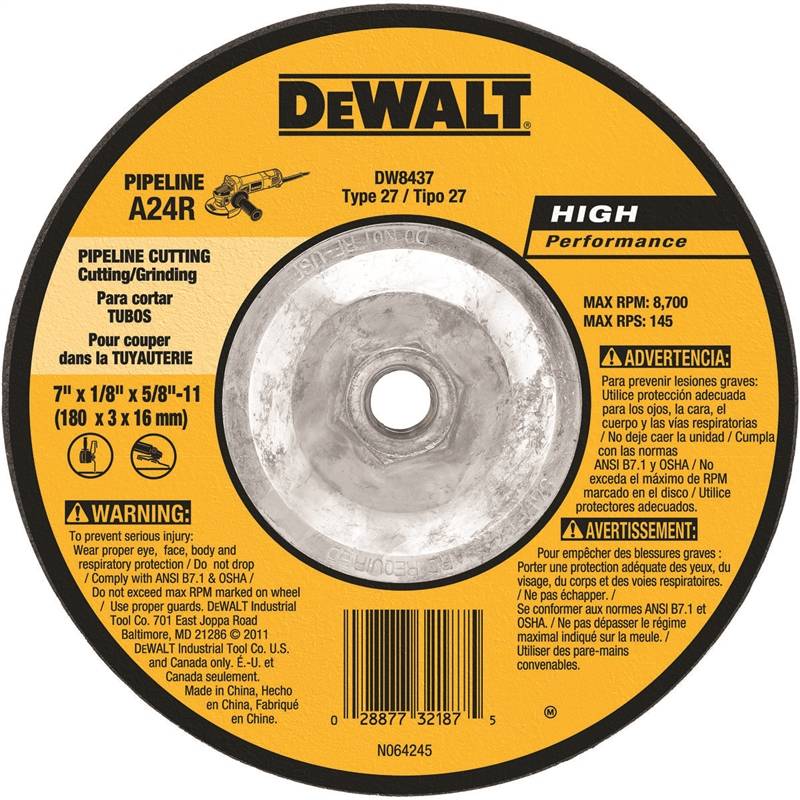 Picture of Dewalt 2346179 Type 27 High Performance Grinding Wheel, 7 in. dia. x 0.12 in. T, A24R Grit