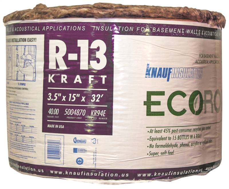KR94E Kraft Faced Insulation, 40 sq-ft Coverage Area, 32 ft L, 15 in W, R-13 R-Value, Fiberglass