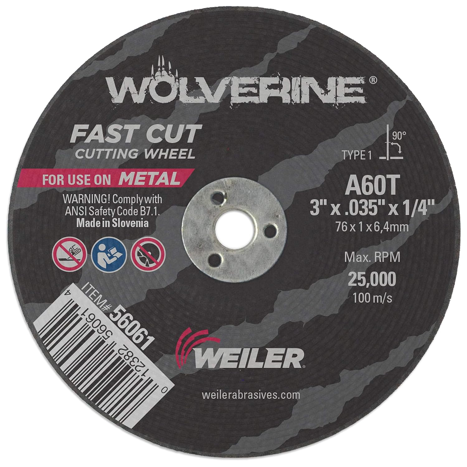 Abrasive Cutoff Wheel, Type 1, 3 in Dia, 0.035 in Thick, 1/4 in Arbor Hole Size, Aluminum Oxide