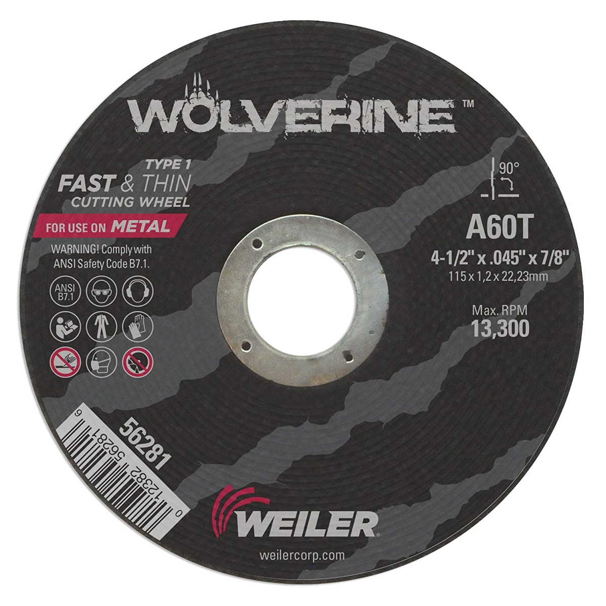 Picture of Weiler 804-56281 4.5 x .045 x 875 in. Wolverine Type 1 Thin Cutting Wheel, A60T