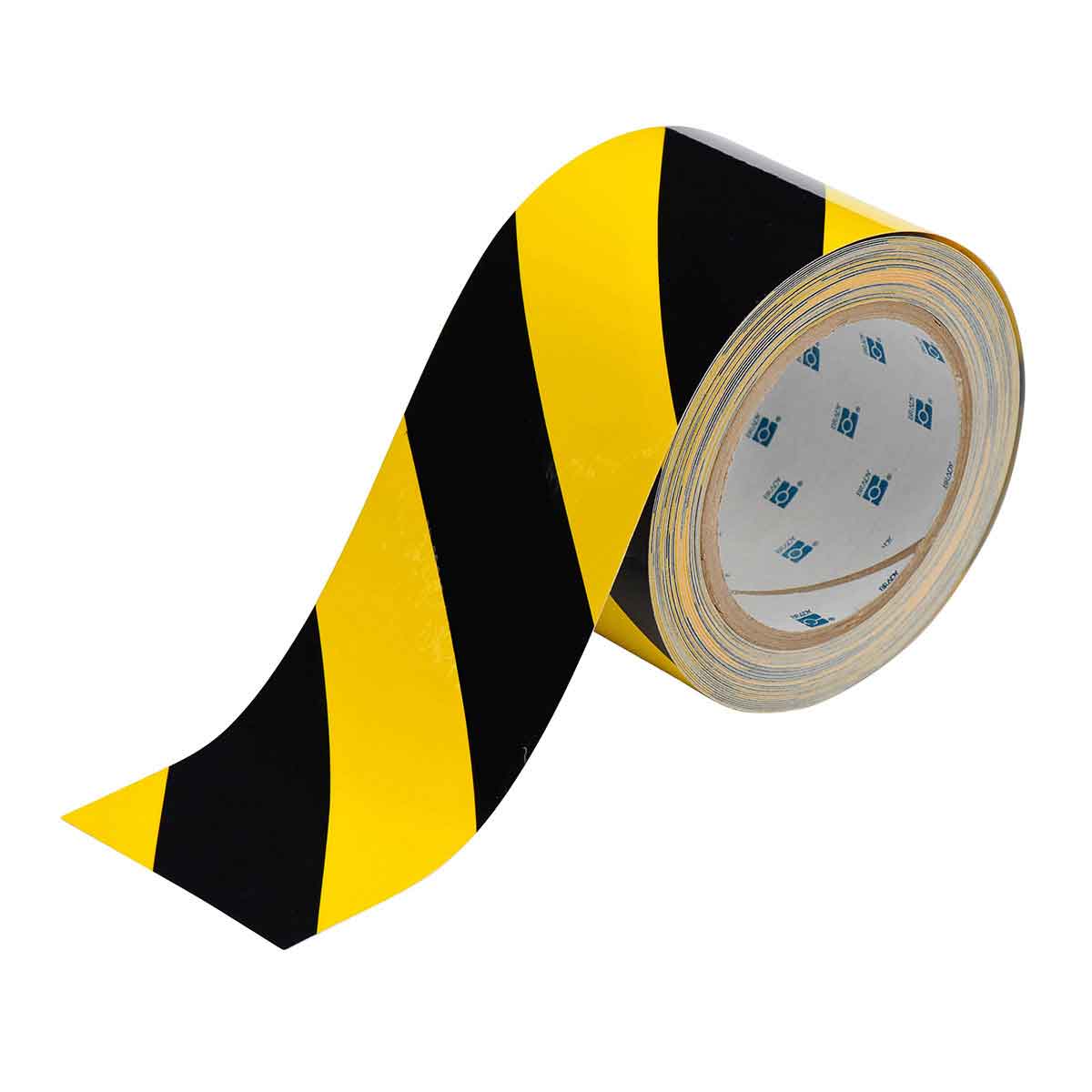 Floor Marking Tape, Polyester, Striped, Black, Yellow, 3 in W., 8 mil Thickness