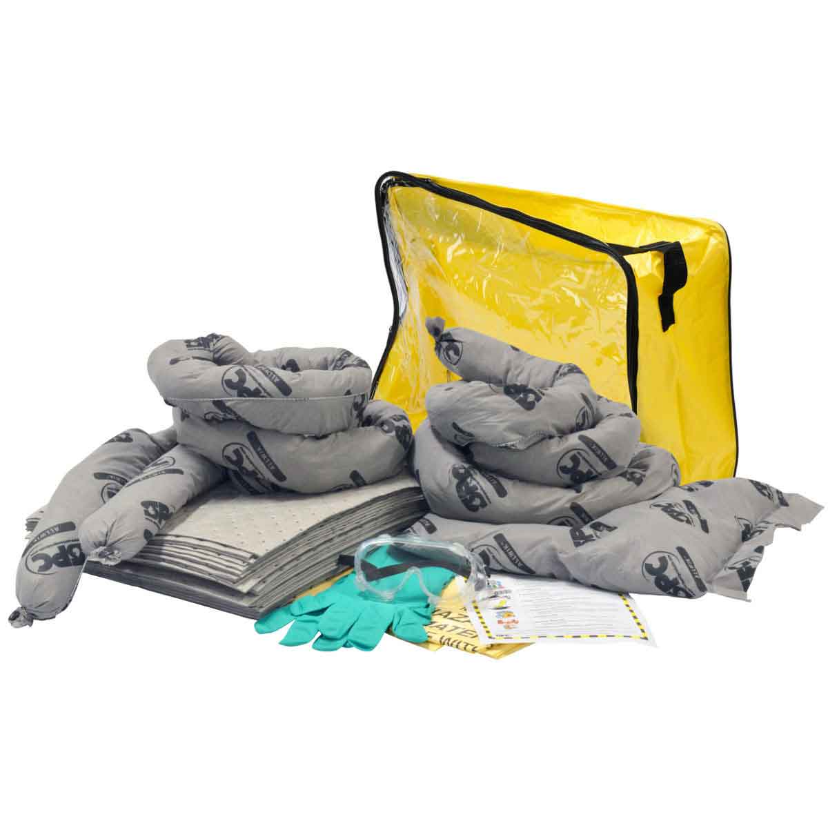 Spill Kit, 15 gal Volume Absorbed per Kit, Bag, Clear/Yellow