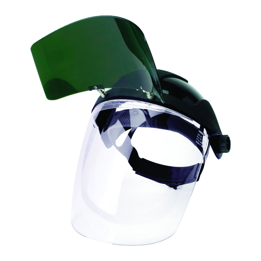 Sellstrom Single Crown Face Shield with Universal Slot Adapter, Clear Polycarbonate Window, Anti-Fog Coating, Shade 5 UV/IR Flip Front Visor, Crown