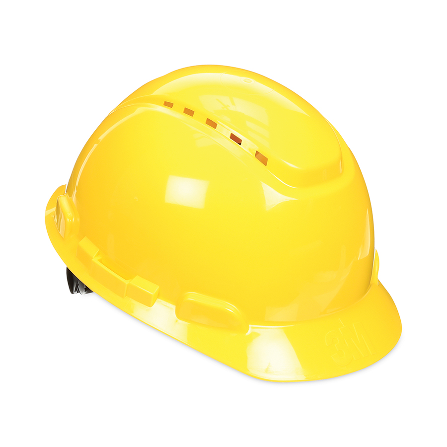 Picture of 3M 142-H-702SFV-UV SecureFit Pressure Diffusion Ratchet Suspension Vented Cap with UVicator Hard Hats, Yellow