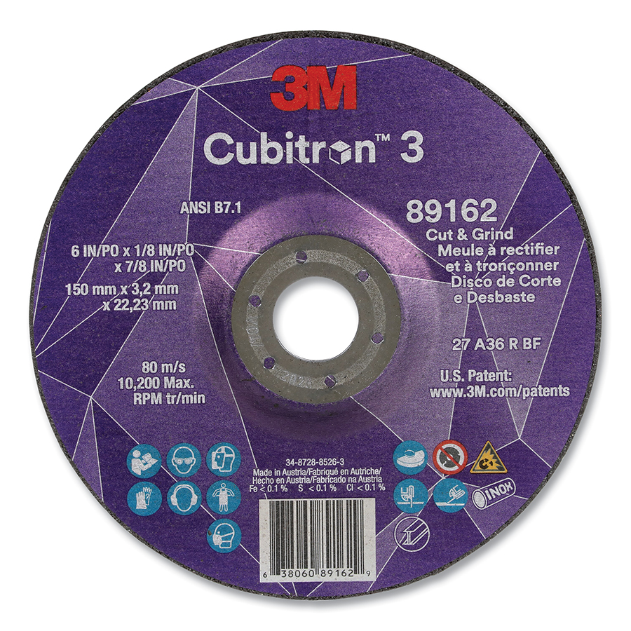 405-638060-89162 6 in. Dia. x 0.125 in. Thick x 0.875 in. Arbor Cubitron 3-Cut & Grind Wheel - 36 Plus Grit
