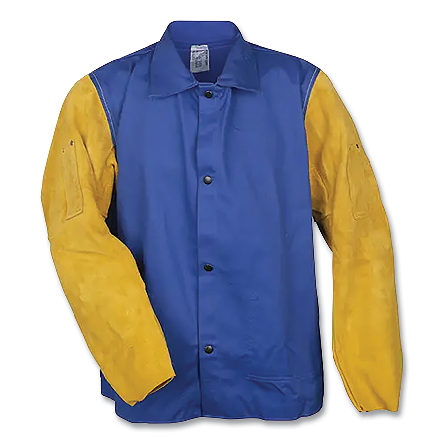 724-92302X 30 in. 9 oz Fabric Fire Resistant FR7A & Cowhide Welding Jacket, Blue - 2XL